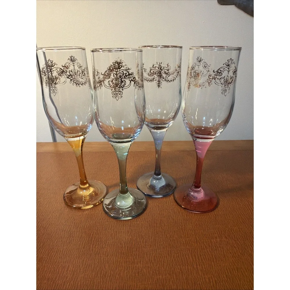 Vtg Champagne Toasting Flutes Colored Iridescent Stem Gold Trim Wedding Set Of 4